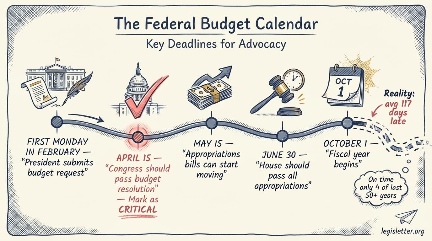 The Federal Budget Calendar infographic showing 5 key deadlines from February through October 1, with a note that Congress is on time only 4 of the last 50+ years