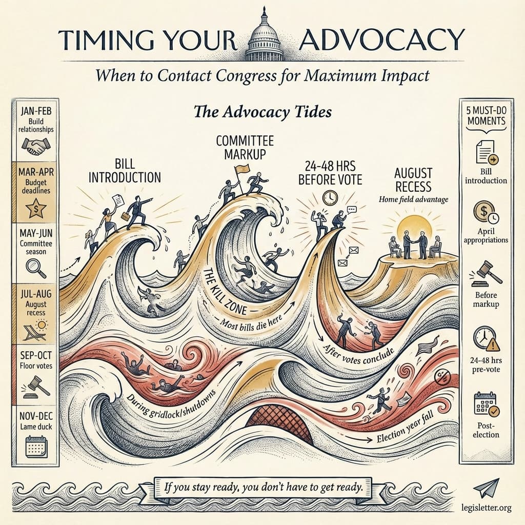 Infographic showing the congressional calendar with optimal advocacy timing windows by month, from bill introduction through lame duck session